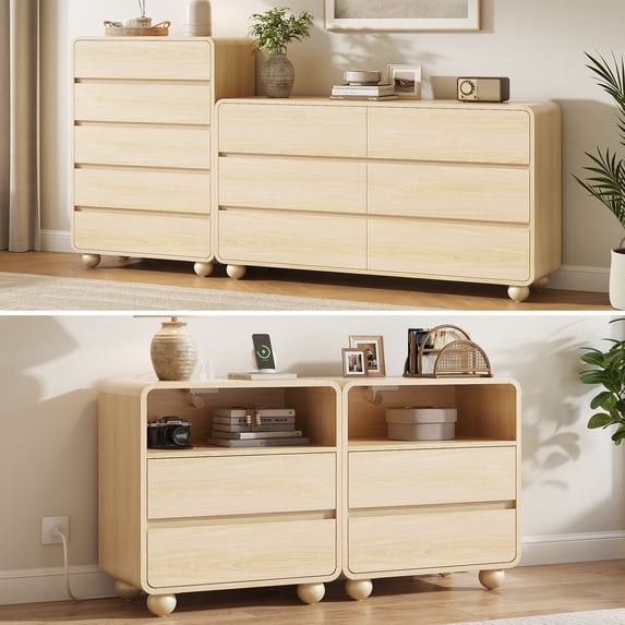 Aufeile 4 Piece Curved Dresser and Nightstand Set for Bedroom, 6 Drawer Dresser, Tall 5 Drawer Chest & 2 Nightstands with Charging Station, Modern Curved Profile Bedroom Furniture Set, Natural