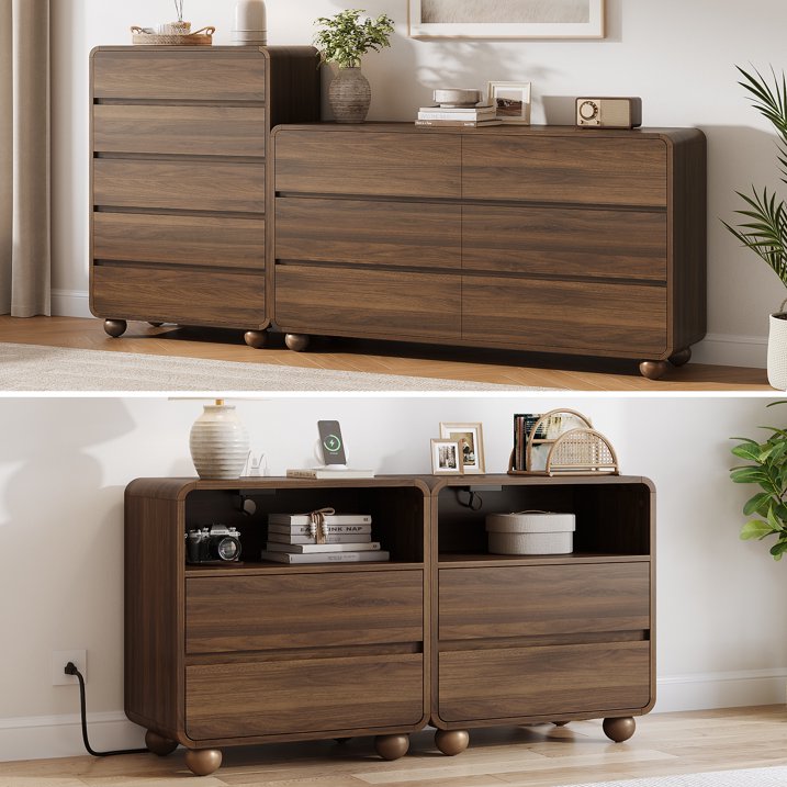 Aufeile 4 Piece Curved Dresser and Nightstand Set for Bedroom, 6 Drawer Dresser, Tall 5 Drawer Chest & 2 Nightstands with Charging Station, Modern Curved Profile Bedroom Furniture Set, Walnut