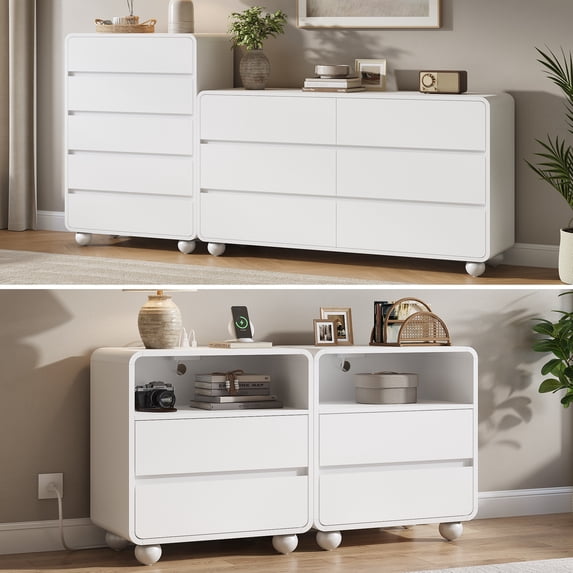 Aufeile 4 Piece Curved Dresser and Nightstand Set for Bedroom, 6 Drawer Dresser, Tall 5 Drawer Chest & 2 Nightstands with Charging Station, Modern Curved Profile Bedroom Furniture Set, White