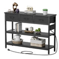 Aufeile 43" Narrow Console Table, Entryway Table with 3 Drawers and Outlets, Fabirc Sofa Table with Open Shelves for Couch, Hallway, Foyer, Living Room, Black