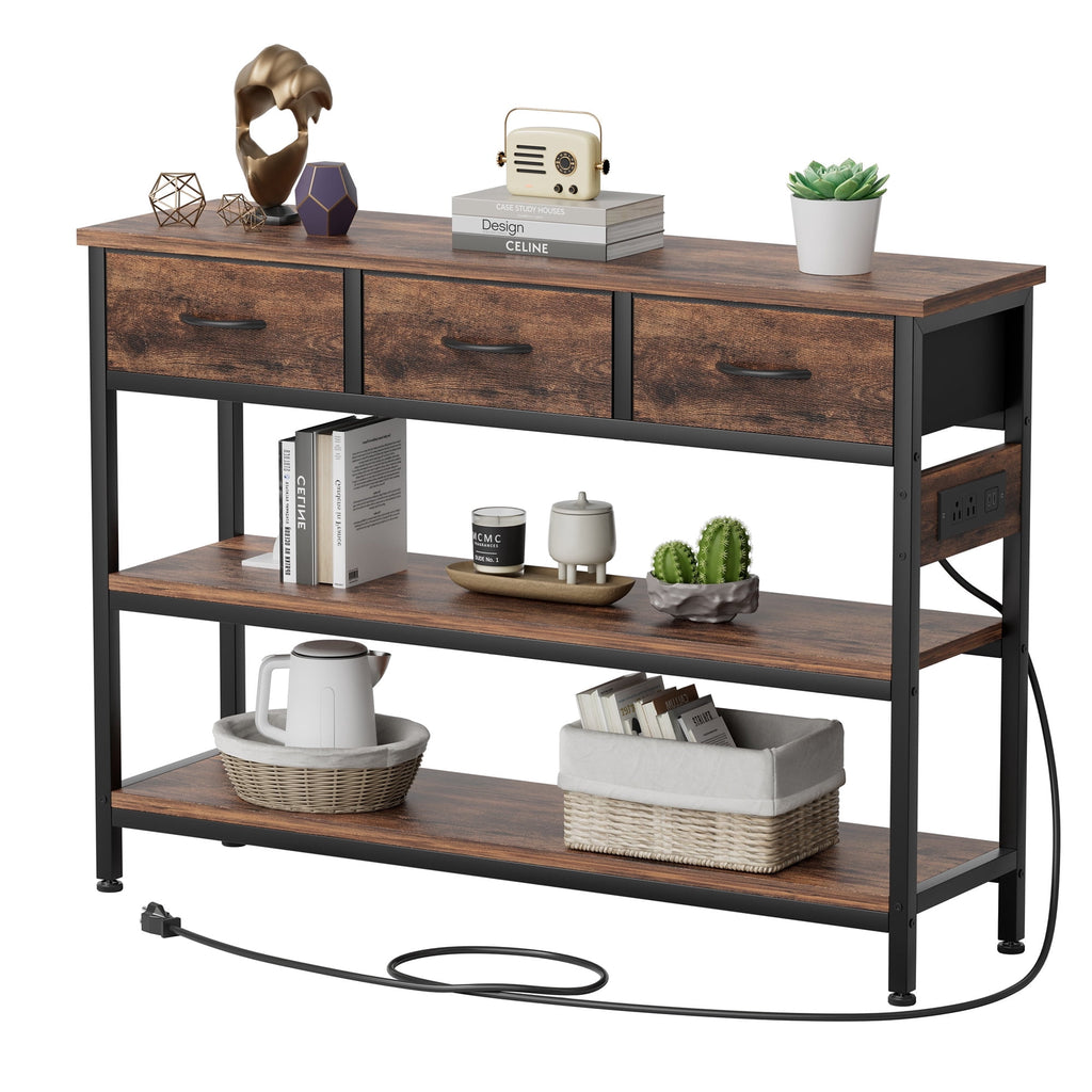 Aufeile 43" Narrow Console Table, Entryway Table with 3 Drawers and Outlets, Fabirc Sofa Table with Open Shelves for Couch, Hallway, Foyer, Living Room, Brown