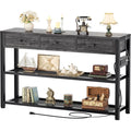 Aufeile 43" Narrow Console Table, Entryway Table with 3 Drawers and Outlets, Fabirc Sofa Table with Open Shelves for Couch, Hallway, Foyer, Living Room, Gray