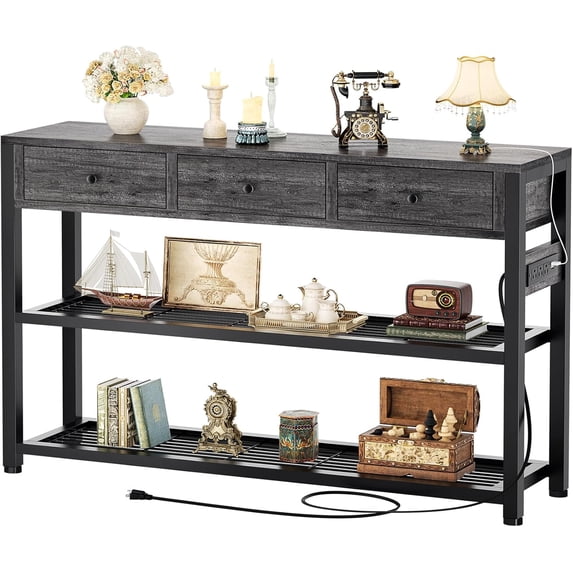 Aufeile 43" Narrow Console Table, Entryway Table with 3 Drawers and Outlets, Fabirc Sofa Table with Open Shelves for Couch, Hallway, Foyer, Living Room, Gray