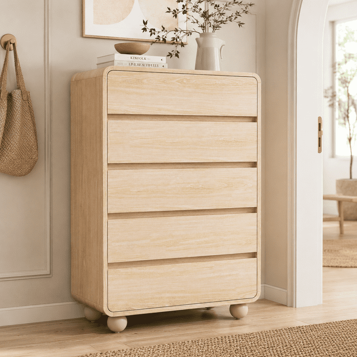 Aufeile 5 Drawer Dresser for Bedroom, 41" Tall Wood Chest of Drawers with Curved Design, Modern Vertical Storage Cabinet for Bedroom, Living Room & Entryway, Natural