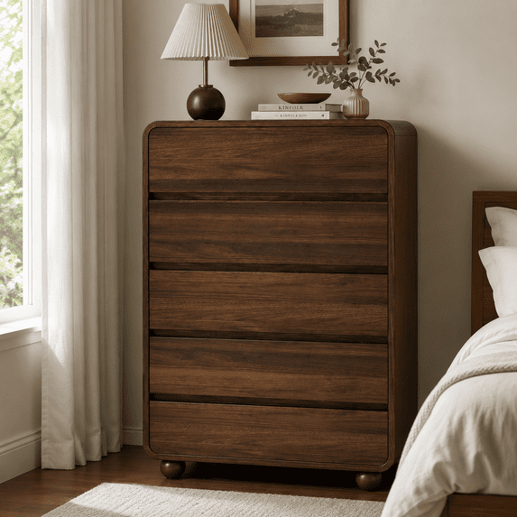 Aufeile 5 Drawer Dresser for Bedroom, 41" Tall Wood Chest of Drawers with Curved Design, Modern Vertical Storage Cabinet for Bedroom, Living Room & Entryway, Walnut