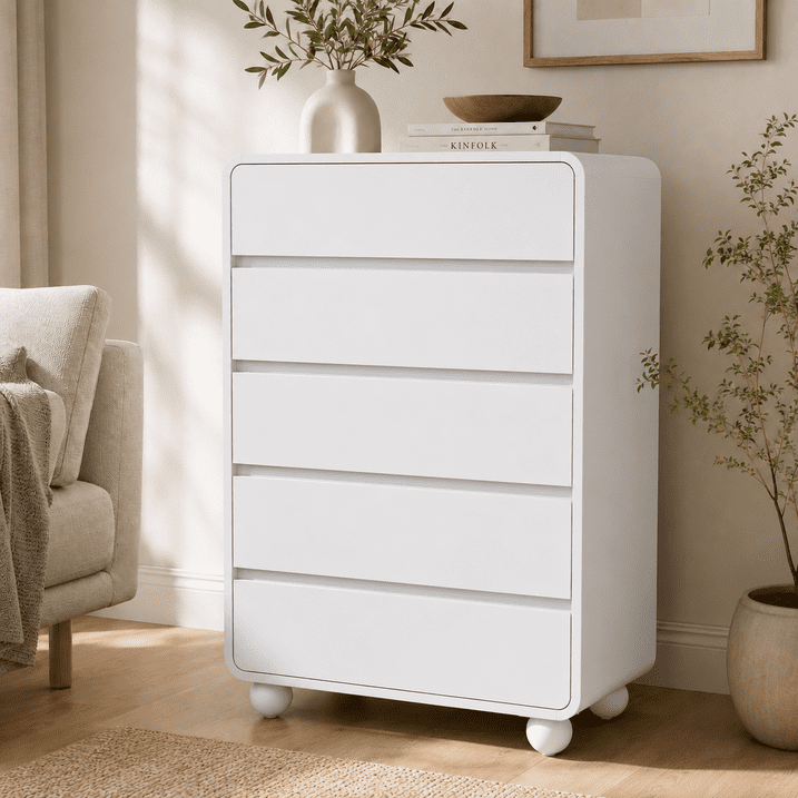 Aufeile 5 Drawer Dresser for Bedroom, 41" Tall Wood Chest of Drawers with Curved Design, Modern Vertical Storage Cabinet for Bedroom, Living Room & Entryway, White