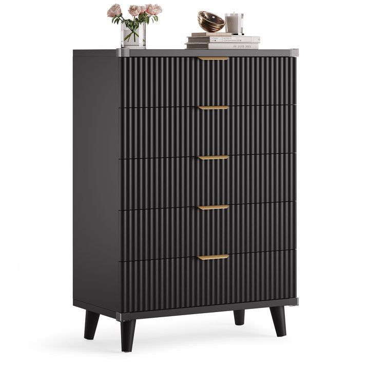 Aufeile 39.4" Tall Dresser for Bedroom, 5 Drawer Fluted Wood Dresser, Modern Chest of Drawers with Wave Panel, Slim Storage Cabinet for Small Spaces, Black
