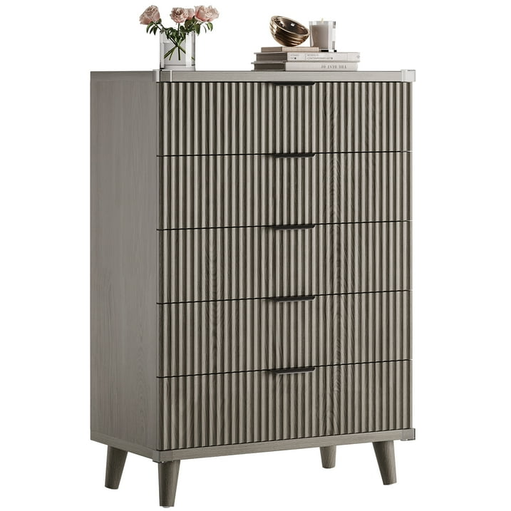 Aufeile 5 Drawer Tall Dresser for Bedroom, Fluted Chest of Drawers with Wave Panel Design & Metal Handles, Slim Wood Storage Dresser for Closet for Apartment & Small Spaces, Dark Grey Oak