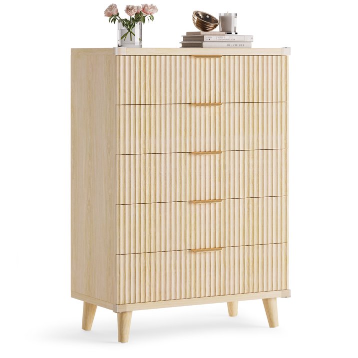 Aufeile 39.4" Tall Dresser for Bedroom, Fluted Wood Dresser with 5 Drawer, Modern Chest of Drawers for Bedroom with Wave Panel, Slim Storage Dresser for Small Spaces, Natural