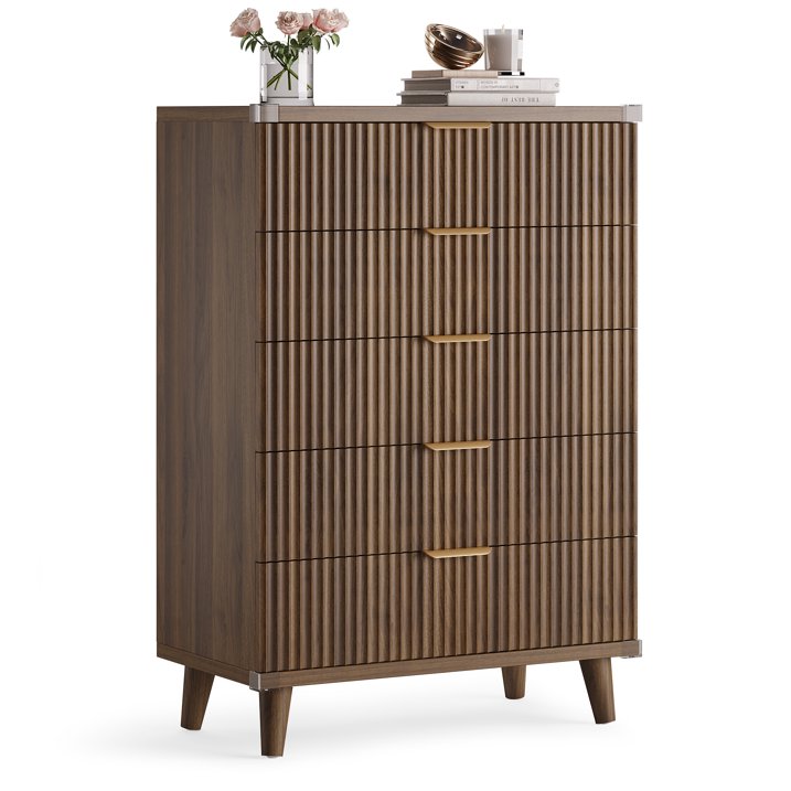 Aufeile 39.4" Tall Dresser for Bedroom, 5 Drawer Fluted Wood Dresser, Modern Chest of Drawers with Wave Panel, Slim Storage Cabinet for Small Spaces, Walnut