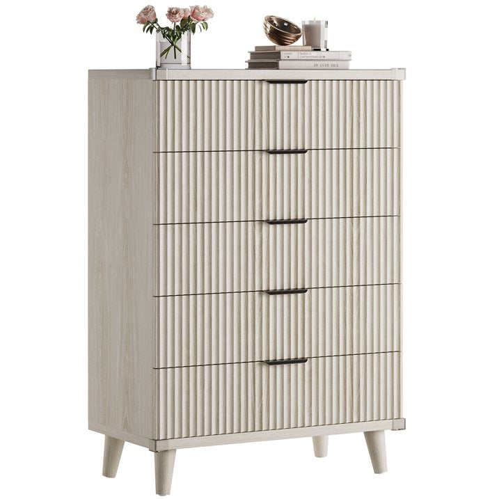 Aufeile 39.4" Tall Dresser for Bedroom, Fluted Wood Dresser with 5 Drawer, Modern Chest of Drawers for Bedroom with Wave Panel, Slim Storage Dresser for Small Spaces, White Oak