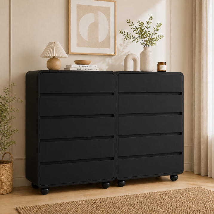 Aufeile 5 Drawer Wood Dresser Set of 2, 41" Tall Vertical Chest of Drawers with Curved Design, Modern Storage Cabinets for Bedroom, Living Room & Entryway, Black