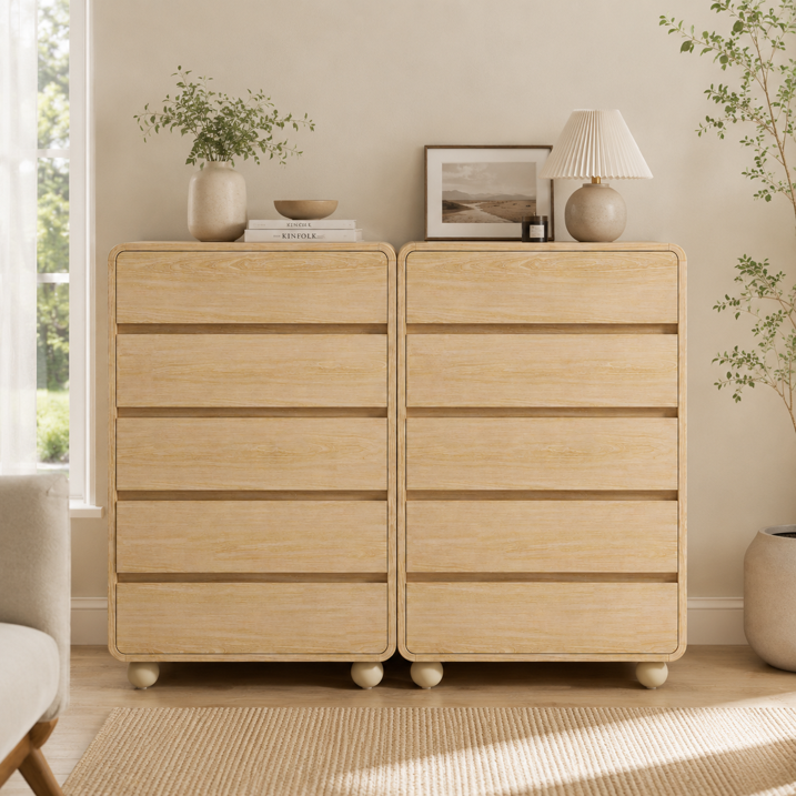 Aufeile 5 Drawer Wood Dresser Set of 2, 41" Tall Vertical Chest of Drawers with Curved Design, Modern Storage Cabinets for Bedroom, Living Room & Entryway, Natural