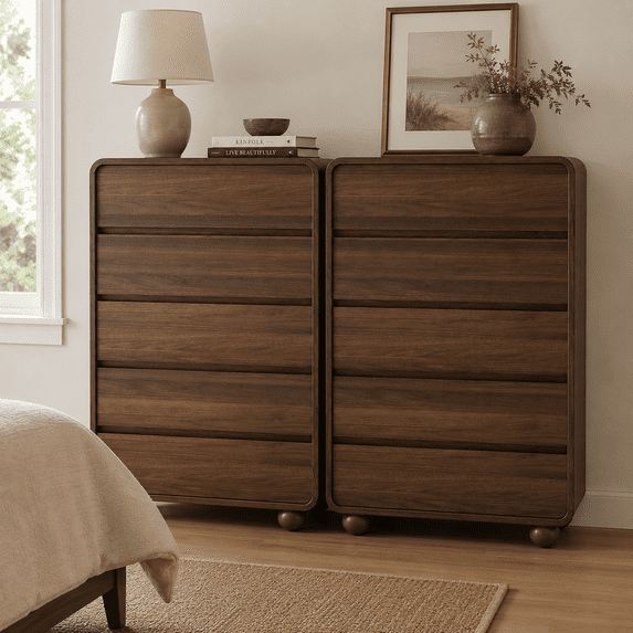 Aufeile 5 Drawer Wood Dresser Set of 2, 41" Tall Vertical Chest of Drawers with Curved Design, Modern Storage Cabinets for Bedroom, Living Room & Entryway, Walnut