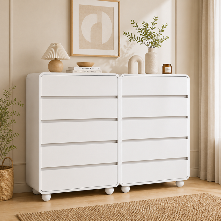 Aufeile 5 Drawer Wood Dresser Set of 2, 41" Tall Vertical Chest of Drawers with Curved Design, Modern Storage Cabinets for Bedroom, Living Room & Entryway, White
