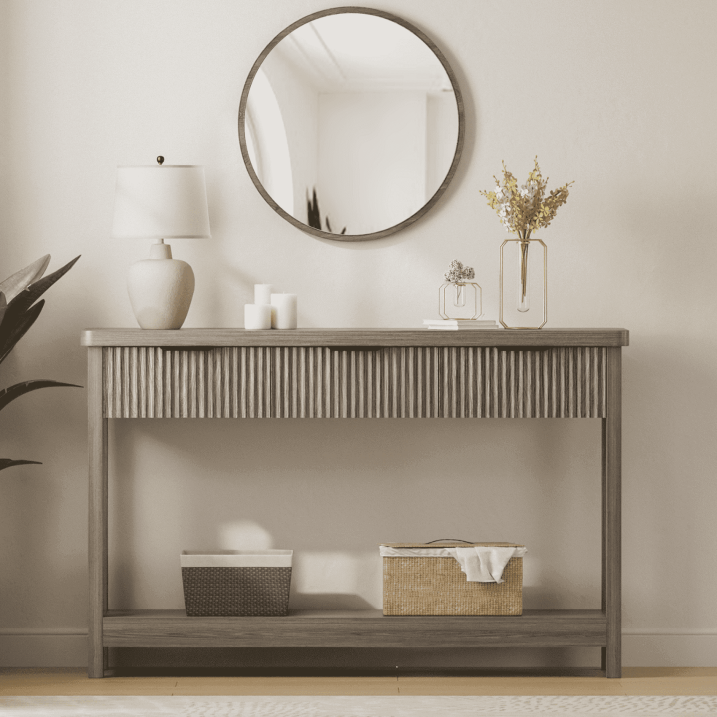 Aufeile 51" Console Table for Entryway, Fluted Entryway Table with 3 Storage Drawers and Open Shelf, Narrow Couch Sofa Table for Living Room Hallway Entrance Foyer, Gray Oak