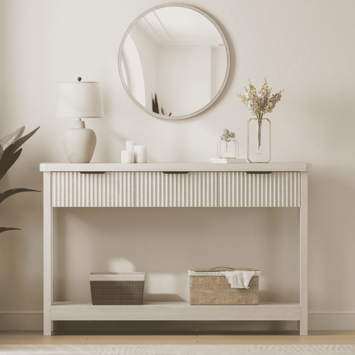 Aufeile 51" Console Table for Entryway, Fluted Entryway Table with 3 Storage Drawers and Open Shelf, Narrow Couch Sofa Table for Living Room Hallway Entrance Foyer, White Oak
