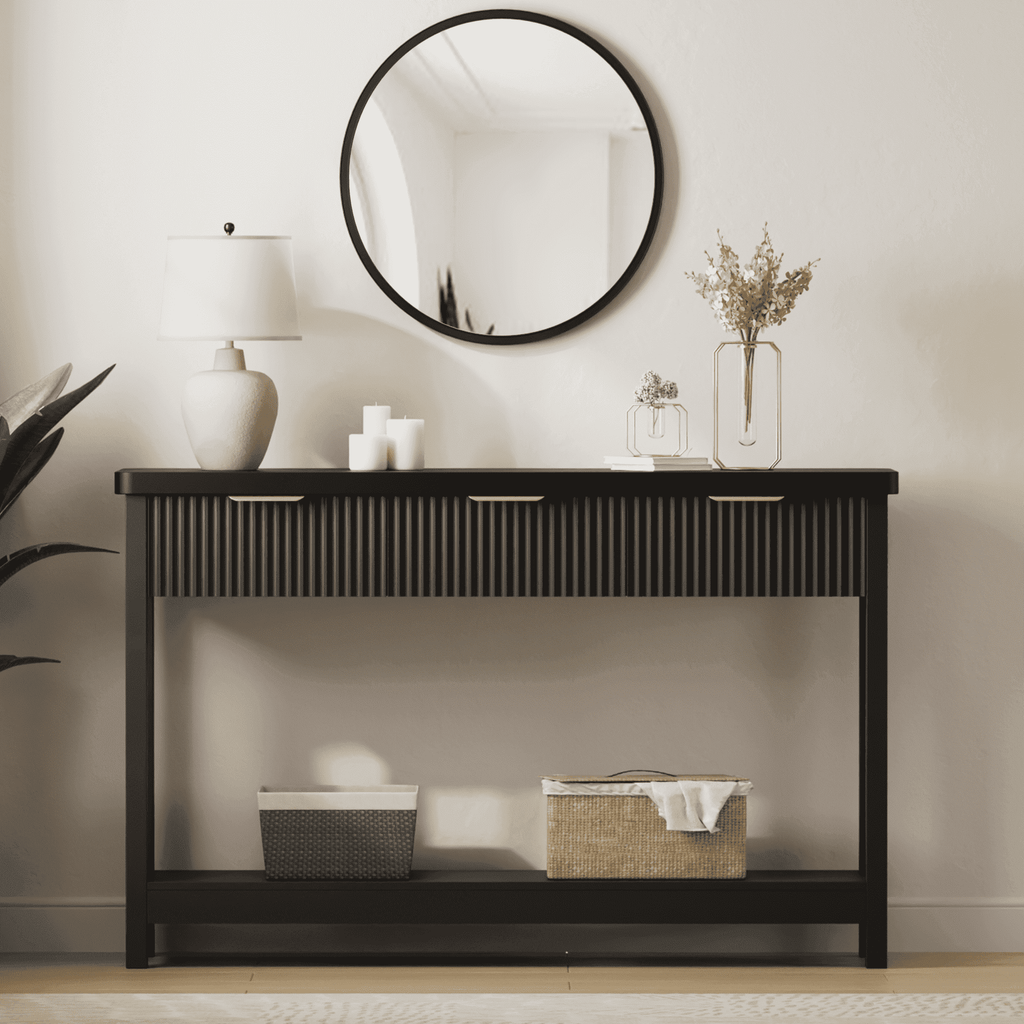 Aufeile 51" Console Table, Fluted Entryway Table with 3 Storage Drawers and Open Shelf, Narrow Sofa Table for Living Room, Hallway, Behind Couch, Black
