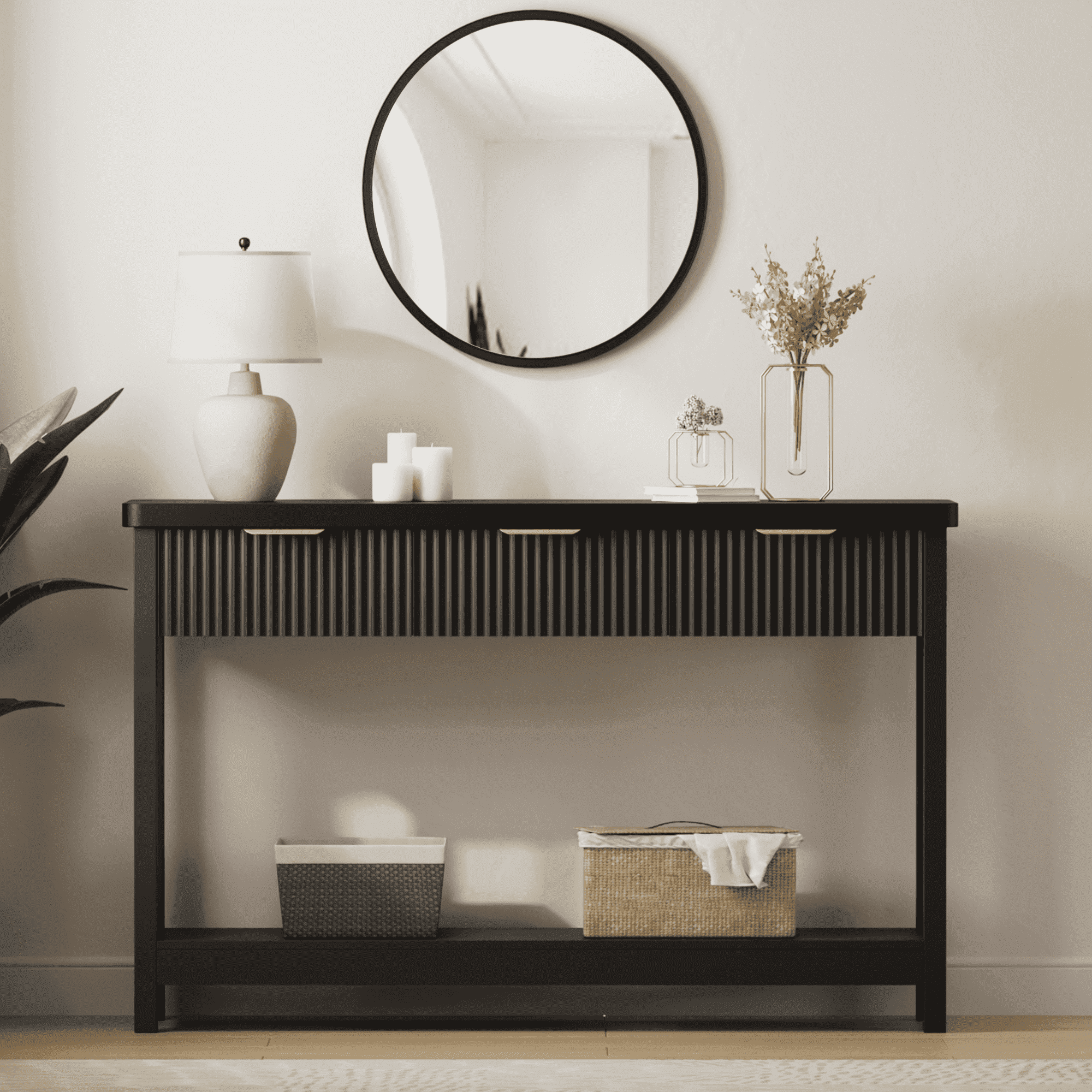 Aufeile 51" Console Table, Fluted Entryway Table with 3 Storage Drawers and Open Shelf, Narrow Sofa Table for Living Room, Hallway, Behind Couch, Black