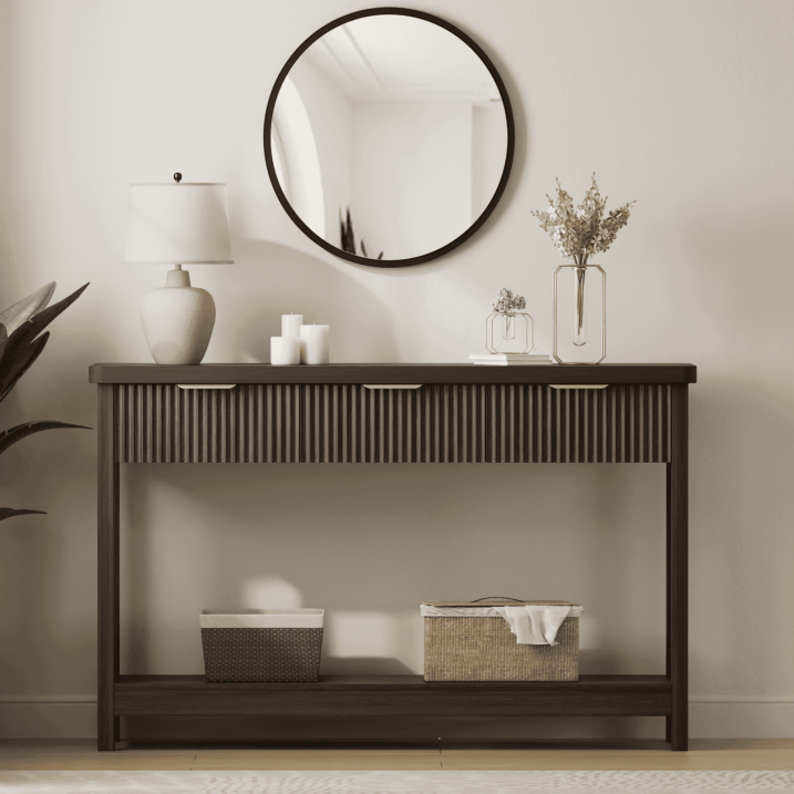 Aufeile 51" Entryway Table, Fluted Console Table with 3 Storage Drawers and Open Shelf, Narrow Sofa Couch Table for Living Room Hallway Entrance Foyer, Walnut