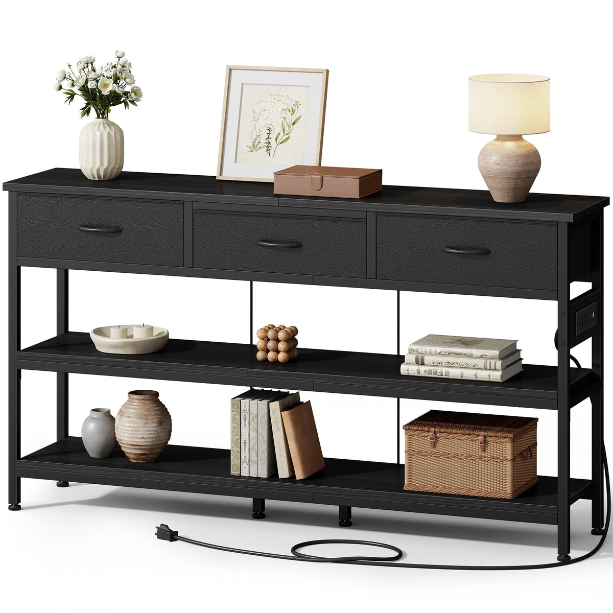 Aufeile 55" Console Table for Entryway, Fabric Sofa Table with 3 Drawers, Outlet and Open Shelves, Entryway Table for Couch, Hallway, Foyer, Living Room, Black