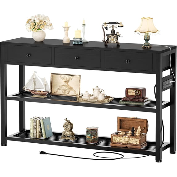 Aufeile 55" Console Table for Entryway, Fabric Sofa Table with 3 Drawers, Outlet and Open Shelves, Entryway Table for Couch, Hallway, Foyer, Living Room, Black