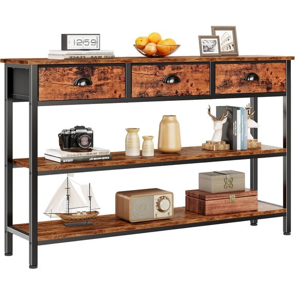 Aufeile 55" Console Table for Entryway, Fabric Sofa Table with 3 Drawers, Outlet and Open Shelves, Entryway Table for Couch, Hallway, Foyer, Living Room, Brown