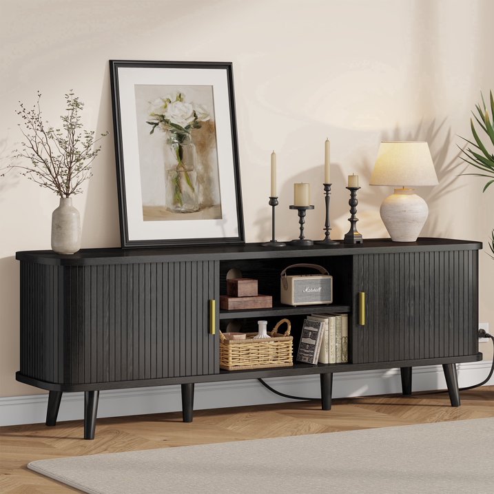Aufeile TV Stand for 65 Inch TV, 59" Modern TV Stand with Power Outlet, Entertainment Center for Living Room, Fluted TV Console & Mueble Para TV with 2 Sliding Tambour Doors, Black