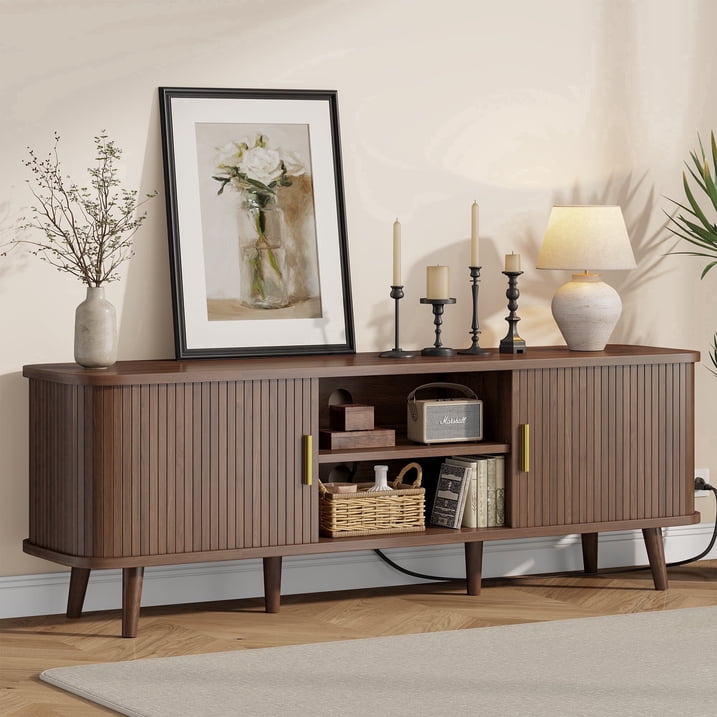 Aufeile TV Stand for 65 Inch TV, 59" Modern TV Stand with Power Outlet, Entertainment Center for Living Room, Fluted TV Console & Mueble Para TV with 2 Sliding Tambour Doors, Walnut
