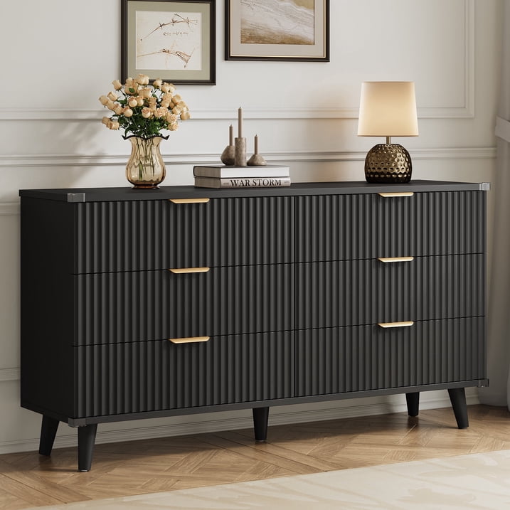 Aufeile 6 Drawer Dresser for Bedroom, 53" Wood Dressers for Bedroom, Modern Fluted Dresser & Bedroom Dresser for Adults, Long Dresser for Bedroom TV Stand, Black
