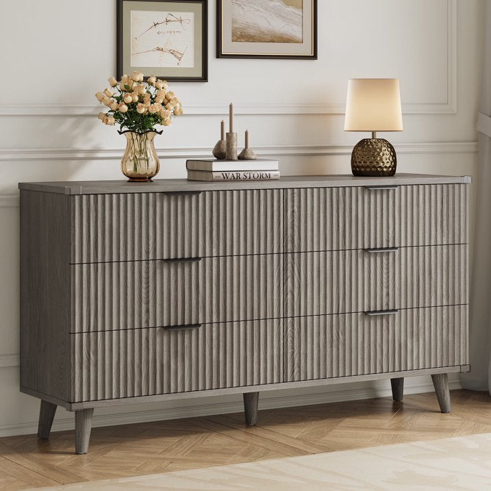 Aufeile 6 Drawer Dresser for Bedroom, 53" Wood Dresser & Chest of Drawers with Fluted Design, Bedroom Dressers for Adults & Dresser Organizer, Long Dresser with Storage, Dark Gray Oak