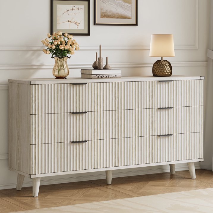 Aufeile 6 Drawer Dresser for Bedroom, 53" Modern Fluted Wood Dresser with Wave Panel Design, Wide Chest of Drawers Storage Organizer for Bedroom, Living Room or Entryway, White Oak