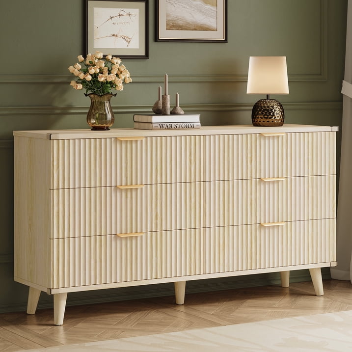 Aufeile 6 Drawer Dresser for Bedroom, 53" Wood Dressers for Bedroom, Modern Fluted Dresser & Bedroom Dresser for Adults, Long Dresser for Bedroom TV Stand, Natural Oak