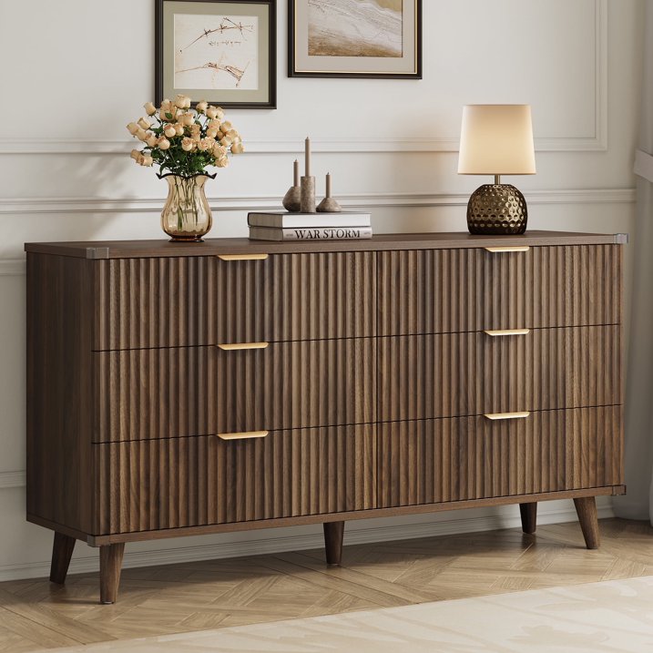 Aufeile Dresser for Bedroom, 53" 6 Drawer Dresser & Chest of Drawers with Fluted Design, Wood Dresser for Adults, Long Bedroom Dresser & Storage Organizer, Walnut
