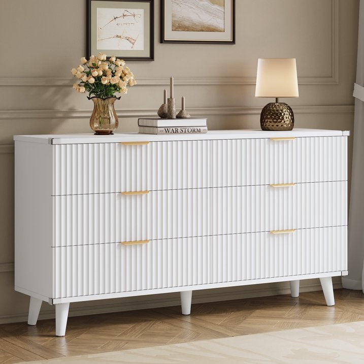 Aufeile Dresser for Bedroom, 53" 6 Drawer Dresser & Chest of Drawers with Fluted Design, Wood Dresser for Adults, Long Bedroom Dresser & Storage Organizer, White