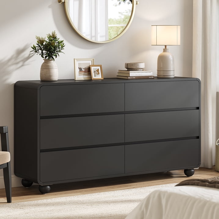 Aufeile Dresser for Bedroom, 6 Drawer Dresser & Chest of Drawers, 53" Modern Chest of Drawers with Curved Profile Design, Wood Dresser Storage Organizer for Adults, Black