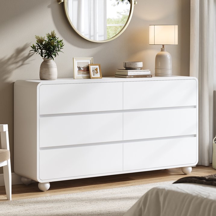Aufeile Dresser for Bedroom, 6 Drawer Dresser & Chest of Drawers, 53" Modern Chest of Drawers with Curved Profile Design, Wood Dresser Storage Organizer for Adults, White