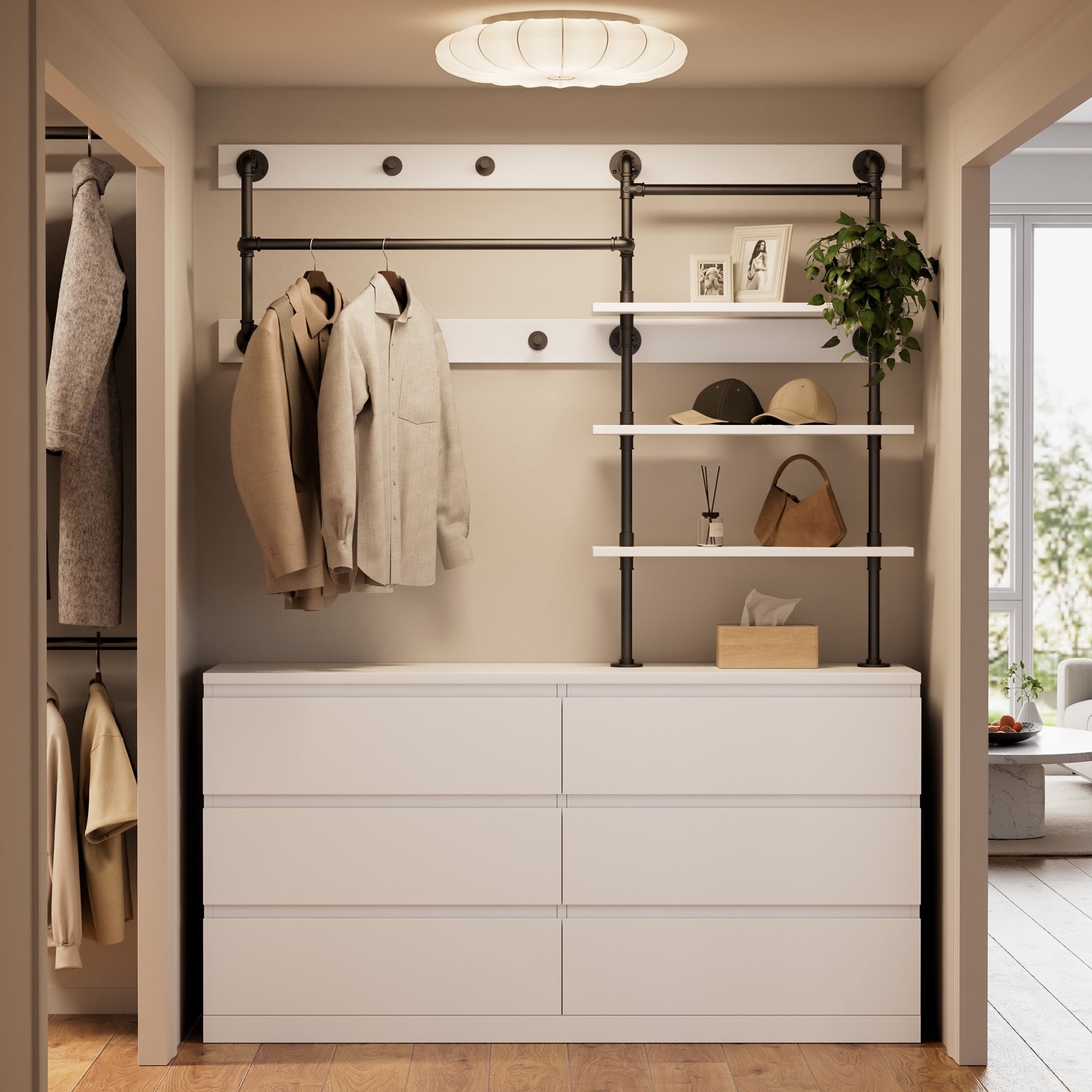 Aufeile 6 Drawer Dresser for Bedroom, 77" Tall Chest of Drawers with Hanging Rack, Industrial Wood Bedroom Dresser, Large Drawer Dresser Closet Organizer for Adults, White