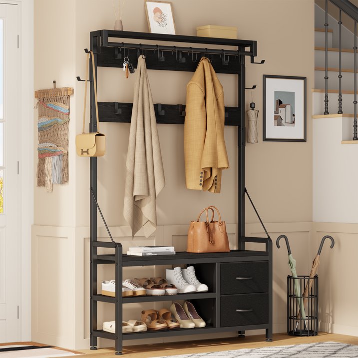 Aufeile 6-in-1 Hall Tree with Bench, Wide Entryway Bench with Shoe Storage, 24 Hooks, 2 Drawers, Hanging Rod & Shelf, Heavy Duty Coat Rack for Hallway, Living Room, Black