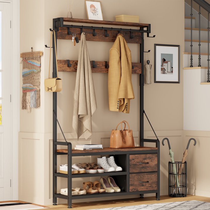 Aufeile 6-in-1 Hall Tree with Bench, Wide Entryway Bench with Shoe Storage, 24 Hooks, 2 Drawers, Hanging Rod & Shelf, Heavy Duty Coat Rack for Hallway, Living Room, Rustic Brown