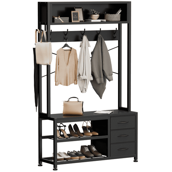 Aufeile 6-in-1 Hall Tree with Bench, Wide Entryway Bench with Shoe Storage, 24 Hooks, 3 Drawers, Hanging Rod & Shelf, Heavy Duty Coat Rack for Hallway, Living Room, Black