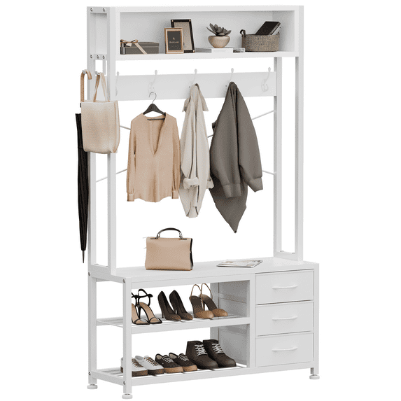 Aufeile 6-in-1 Hall Tree with Bench, Wide Entryway Bench with Shoe Storage, 24 Hooks, 3 Drawers, Hanging Rod & Shelf, Heavy Duty Coat Rack for Hallway, Living Room, Grey