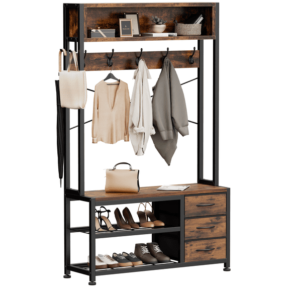 Aufeile 6-in-1 Hall Tree with Bench, Wide Entryway Bench with Shoe Storage, 24 Hooks, 3 Drawers, Hanging Rod & Shelf, Heavy Duty Coat Rack for Hallway, Living Room, Rustic Brown