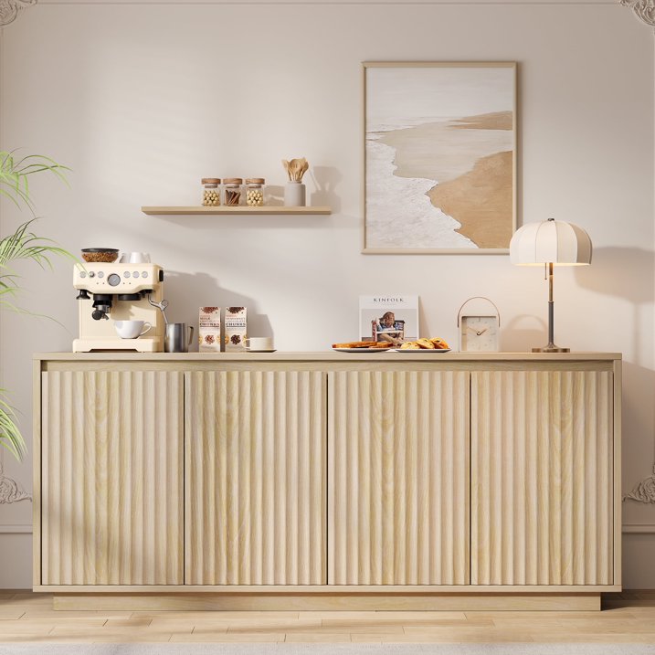 Aufeile 62" Long Sideboard Buffet Cabinet, Fluted Storage Cabinet with Adjustable Shelves for Kitchen Dining Living Room, Natural