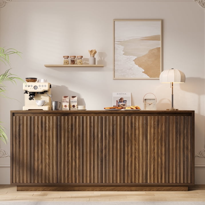 Aufeile 62" Long Sideboard Buffet Cabinet, Fluted Storage Cabinet with Adjustable Shelves for Kitchen Dining Living Room, Walnut