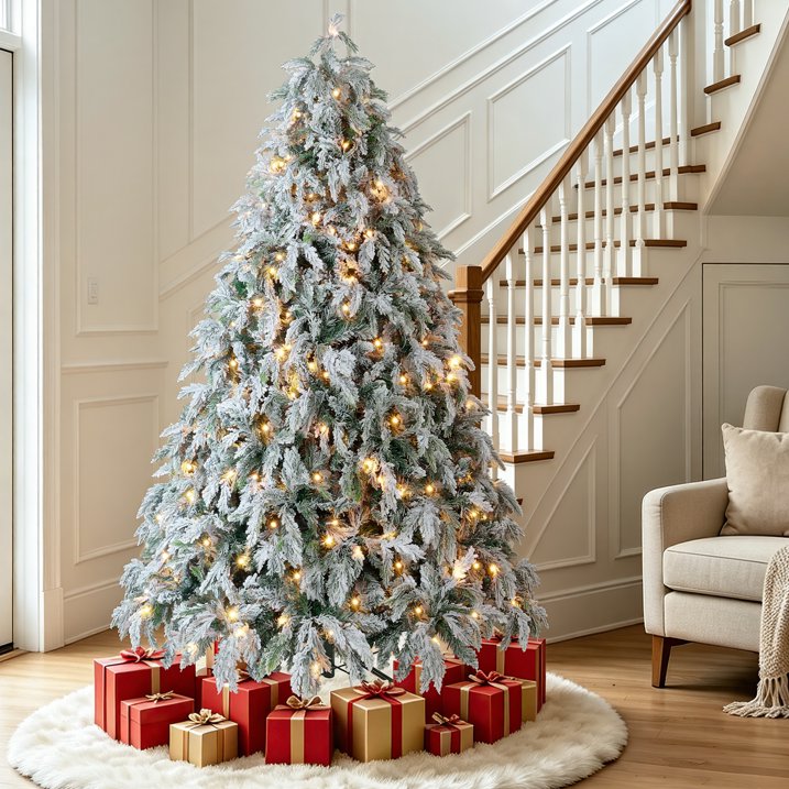 Aufeile 6FT Flocked Pre-Lit Christmas Tree, 300 LED Lights Artificial Xmas Tree with 2280 PE & PVC Tips, Home and Party Decor
