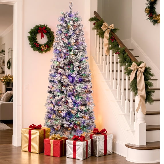 Aufeile 6FT Pencil Christmas Tree with Snow Flocked, 502 Branch Tips & 250 Multicolor LED Lights, Pre-Lit Artificial Christmas Tree, Flocked Slim Christmas Tree for Home