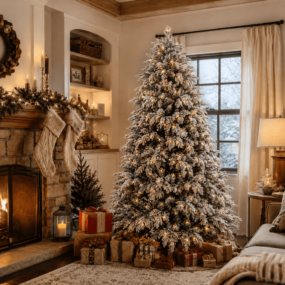Aufeile 6FT Pre-Lit Snow Flocked Christmas Tree, PE Mixed Artificial Christmas Tree with 1,120 Tips, 300 Warm White Lights, Realistic Flocked Spruce Cedar Xmas Tree for Indoor Holiday Decor