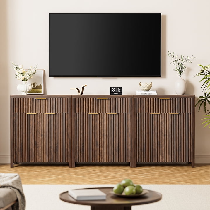 Aufeile 85" W Sideboard Buffet Cabinet with Storage Drawers, Set of 3 Fluted Accent Cabinet with Adjustable Shelves, Modular Storage Cabinet for Dining Room, Kitchen, Living Room, Walnut