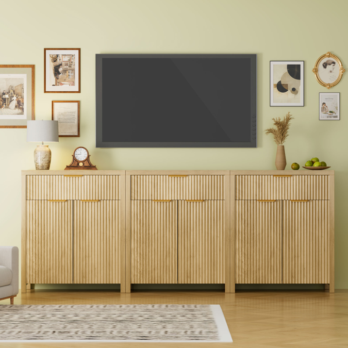 Aufeile 85" W Sideboard Buffet Cabinet with Storage Drawers, Set of 3 Fluted Accent Cabinet with Adjustable Shelves, Modular Storage Cabinet for Dining Room, Kitchen, Living Room, Natural Oak